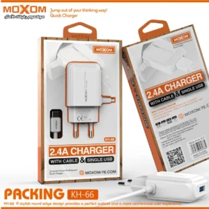 MOXOM KH-66 CHARGER Built-In Cable With USB Fast Charging Port 2.4A High Quality MOXOM